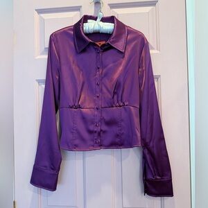 💜Elegant Deep Purple Satin Women's Top Long Sleeves Fitted at Waist Medium NWT